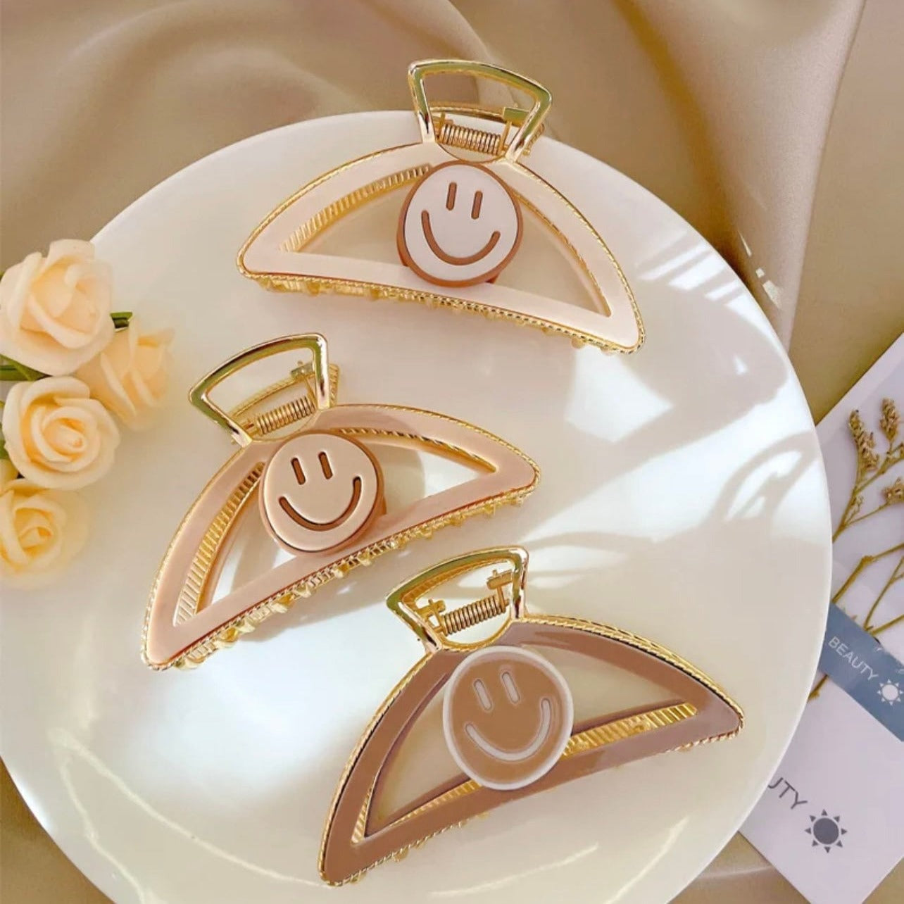 New Smile Triangle Happy Face Large Claw Clips for thick Hair,Retro Hair Clamp,