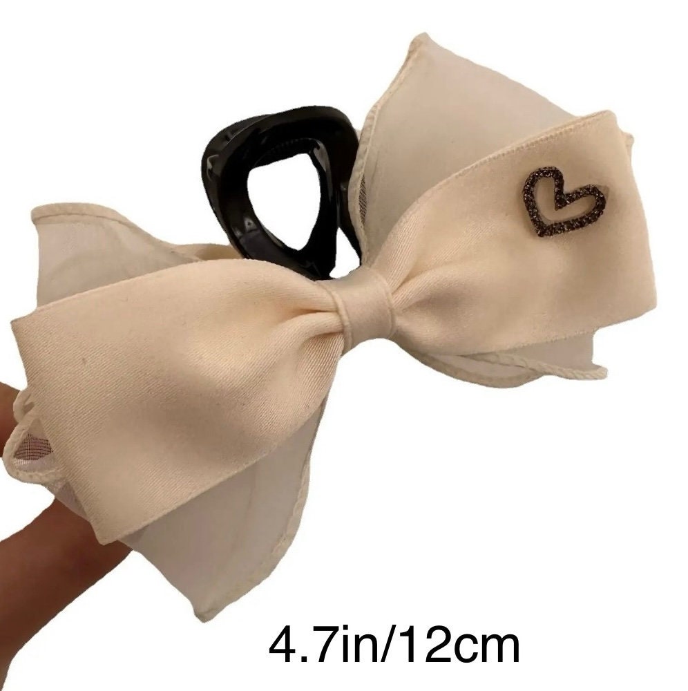 Black & White Large Hair Bows Barrettes With Heart Stone for Women