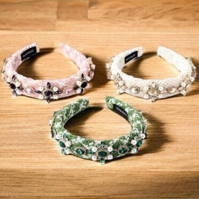 Classic Tweed Rhinestone and Pearl  head band, elegant, comfy and stylish