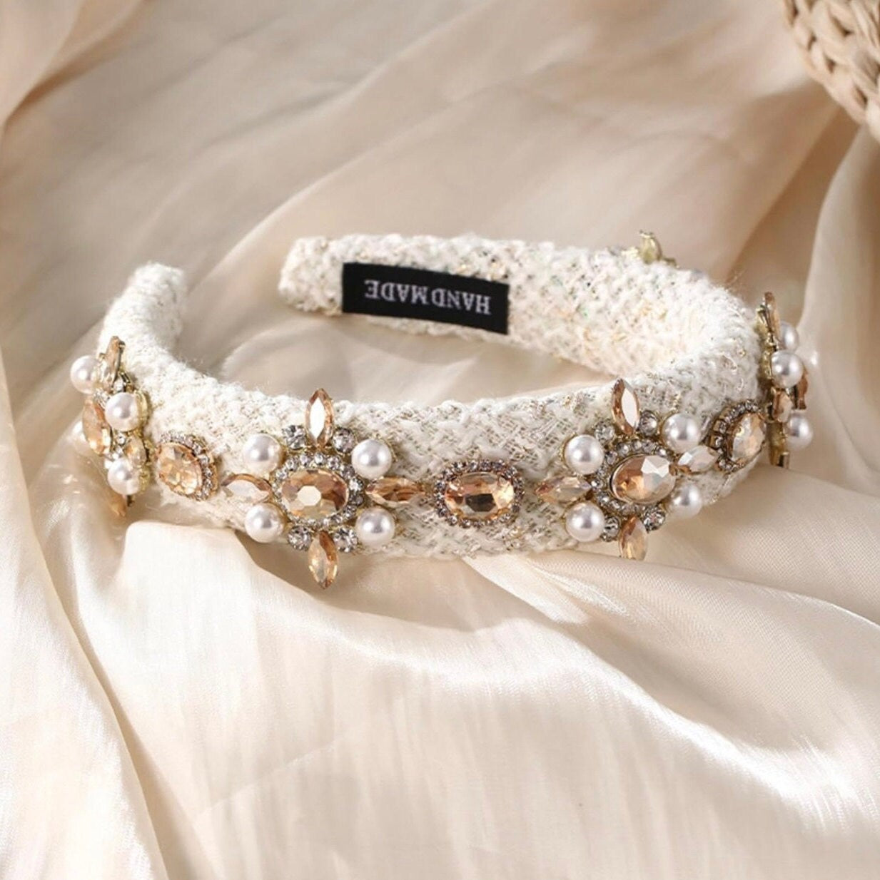 Classic Tweed Rhinestone and Pearl  head band, elegant, comfy and stylish