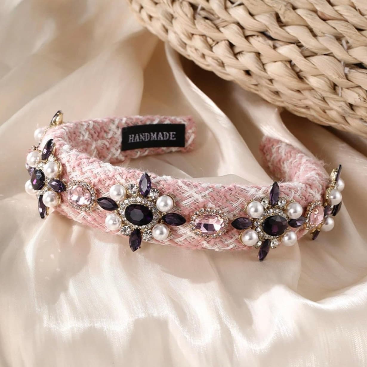 Classic Tweed Rhinestone and Pearl  head band, elegant, comfy and stylish