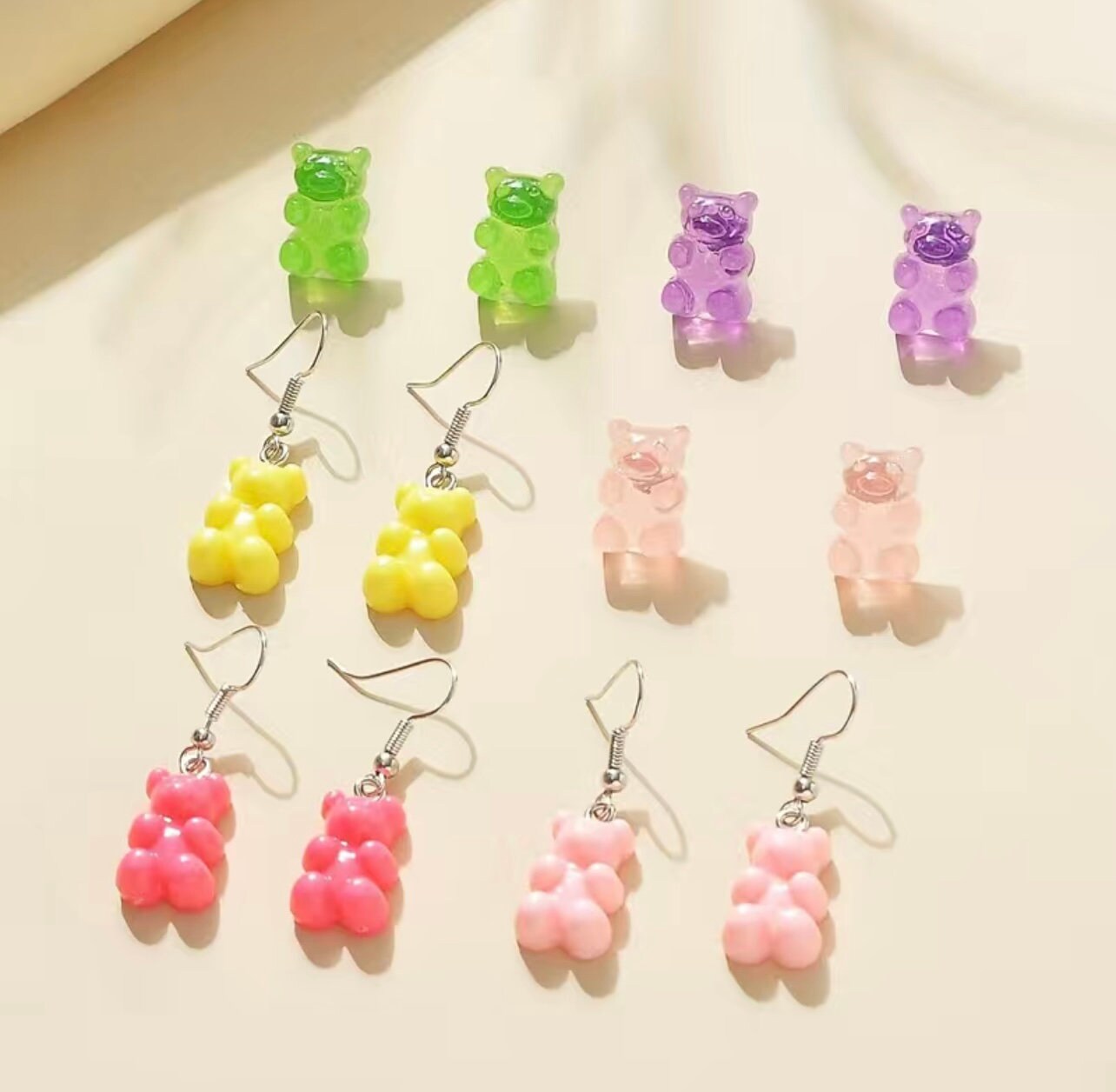 6Set Colorful Gummy Bear Plastic Post Earrings, Fun Earrings, Trendy Earrings,6 Pair Sets, Glitter Resin Gummy Bear Stud & Drop