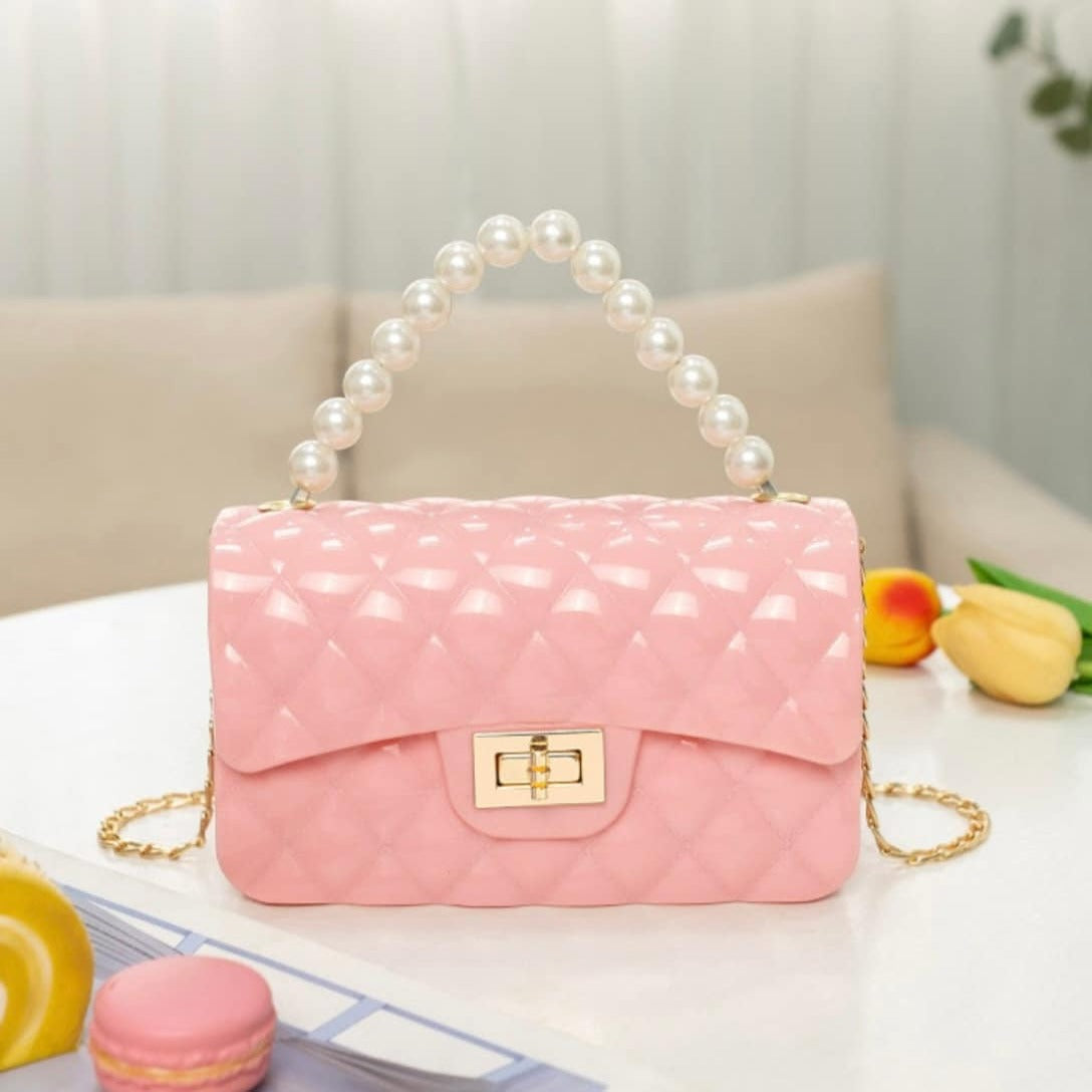 Jelly Purse Flap Handbag with Pearls Top Handle Faux Quilted Crossbody Bag