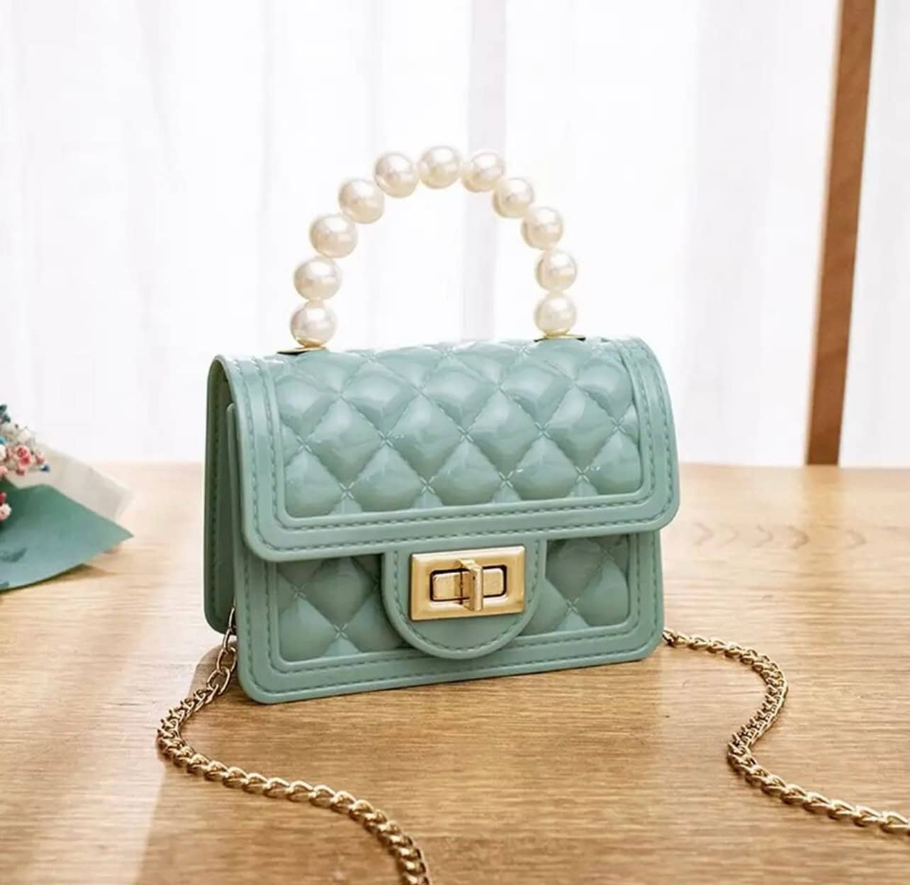 Cute Mini Jelly Purse Flap Handbag with Pearls Top Handle Faux Quilted Crossbody Bag