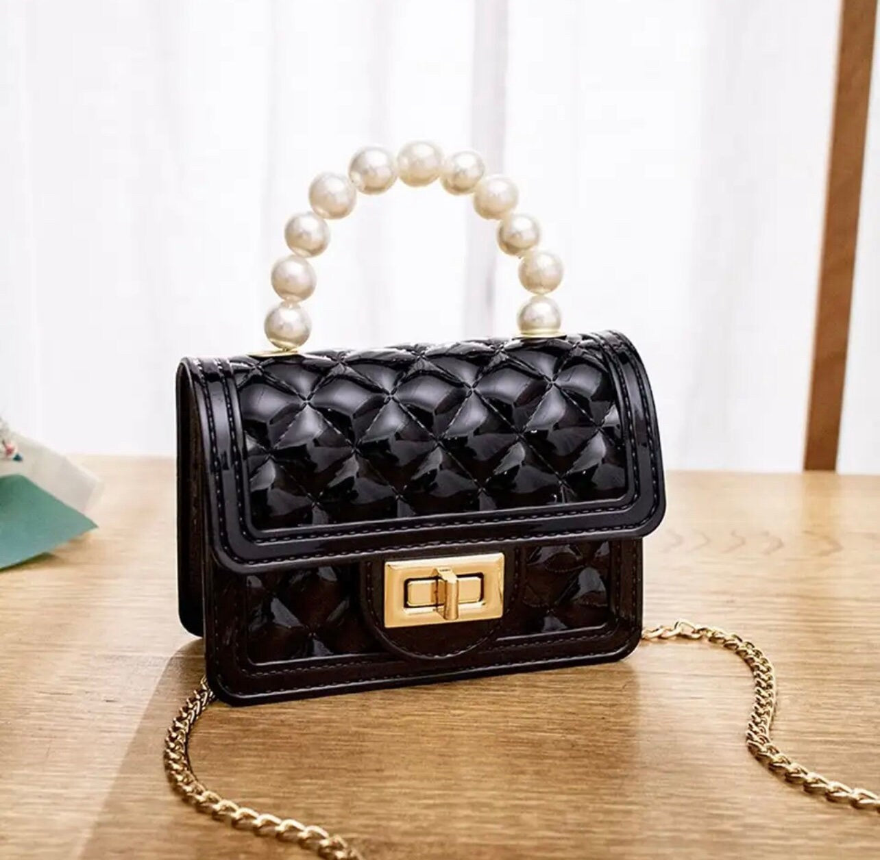 Cute Mini Jelly Purse Flap Handbag with Pearls Top Handle Faux Quilted Crossbody Bag