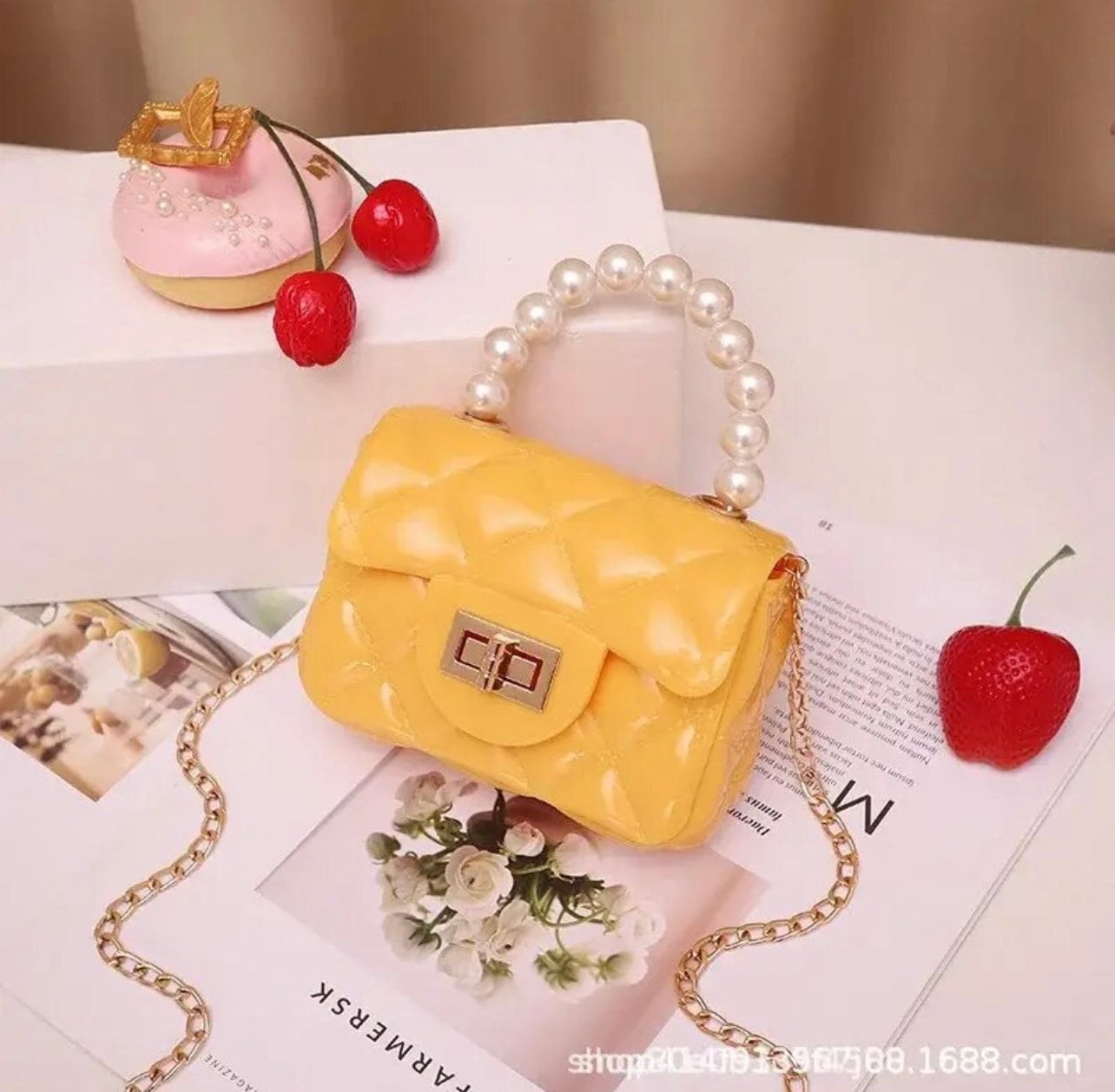 Mini Jelly Purse Flap Handbag with Pearls Top Handle Faux Quilted Crossbody Bag