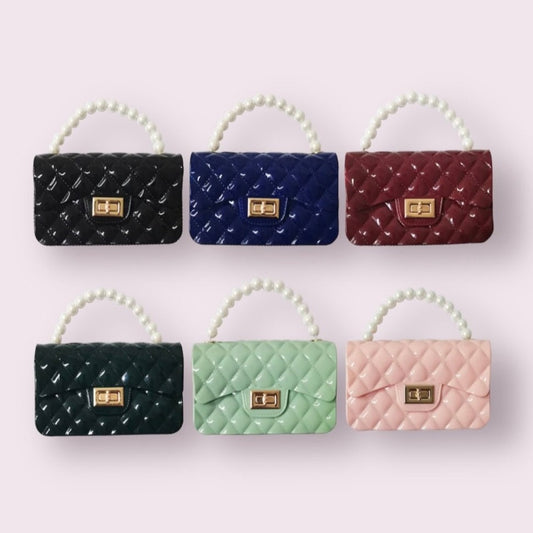 Jelly Purse Flap Handbag with Pearls Top Handle Faux Quilted Crossbody Bag