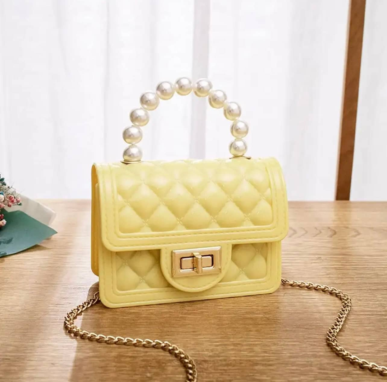 Cute Mini Jelly Purse Flap Handbag with Pearls Top Handle Faux Quilted Crossbody Bag