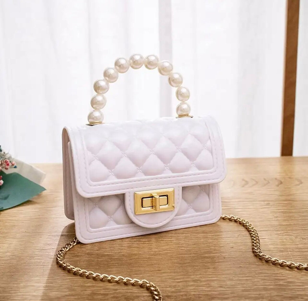 Cute Mini Jelly Purse Flap Handbag with Pearls Top Handle Faux Quilted Crossbody Bag