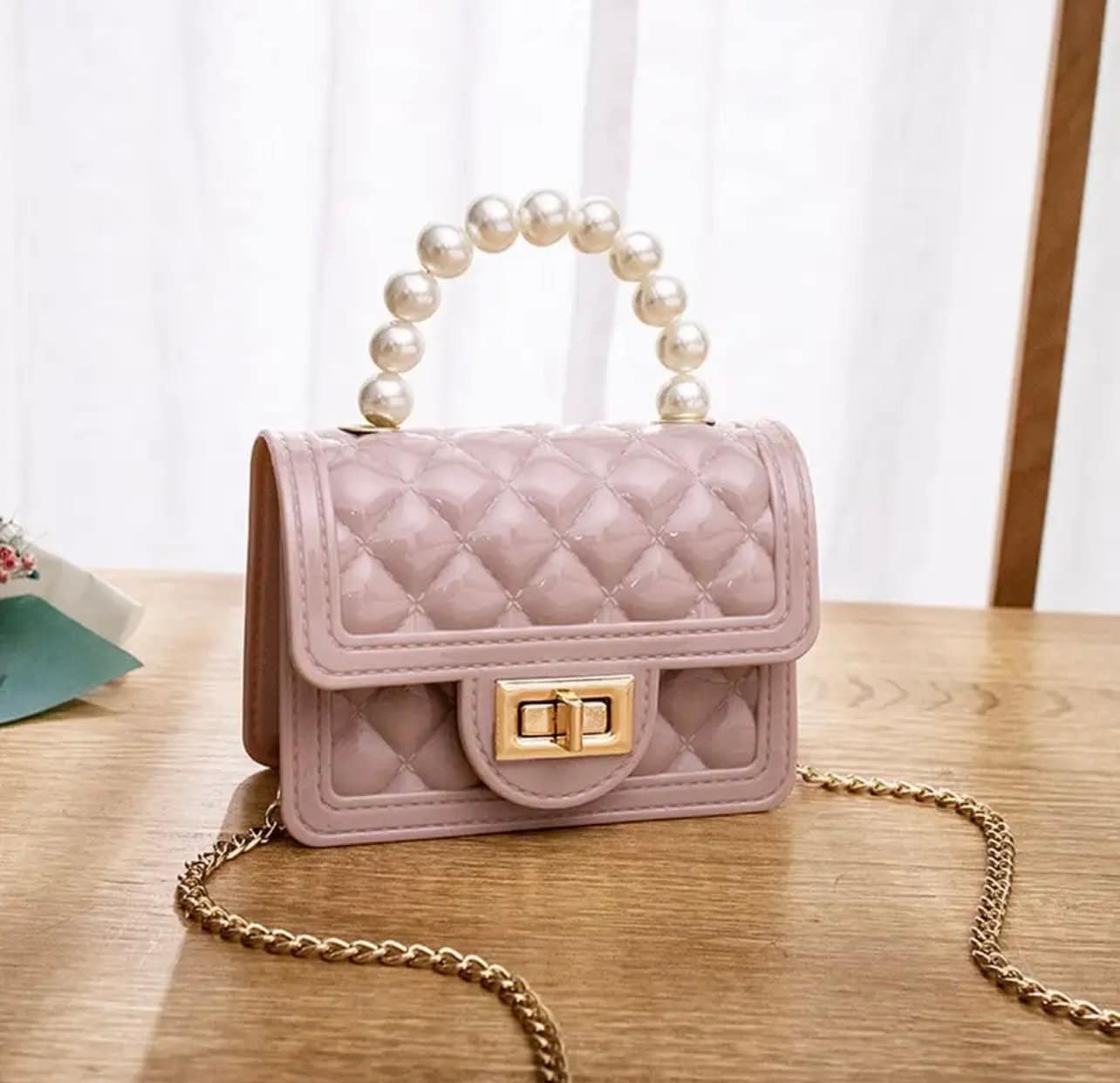 Cute Mini Jelly Purse Flap Handbag with Pearls Top Handle Faux Quilted Crossbody Bag