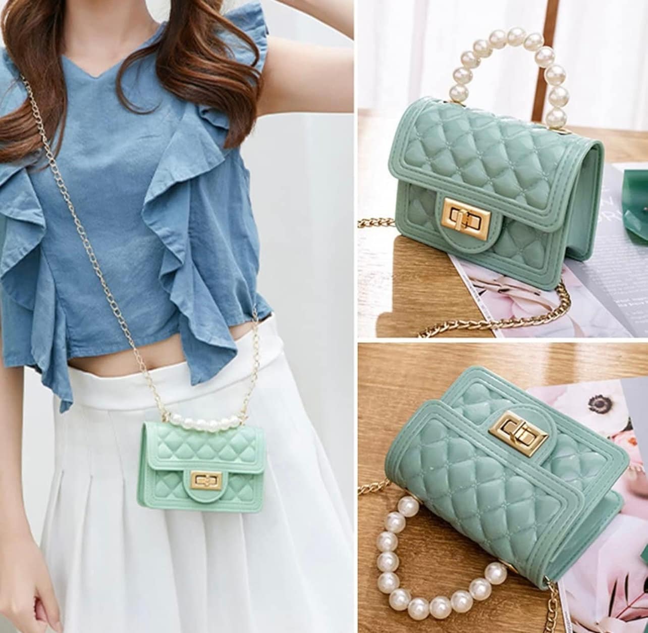 Cute Mini Jelly Purse Flap Handbag with Pearls Top Handle Faux Quilted Crossbody Bag