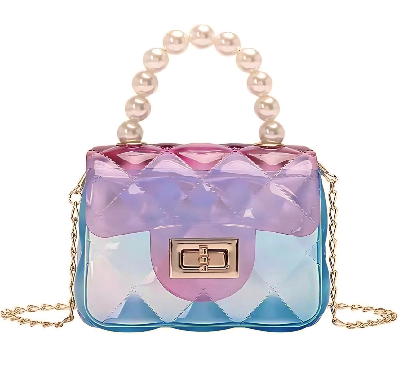 Mini Jelly Purse Flap Clear Handbag with Pearls Top Handle Faux Quilted Crossbody Bag