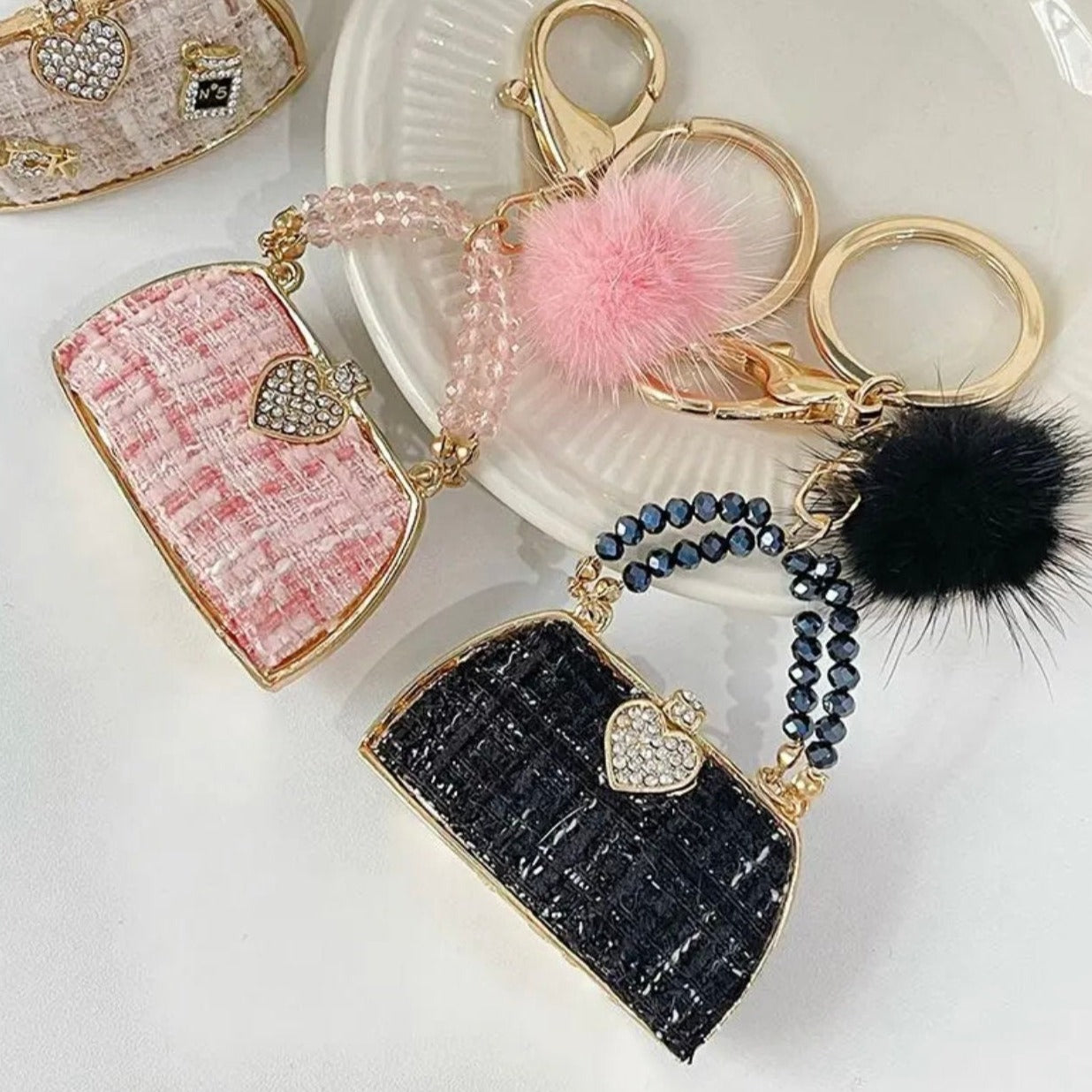 Beautiful Elegant Luxury Mini Handbag Shape Keychain Key Ring Girls Gift  Rhinestone Tweed lovely shiny Keychain