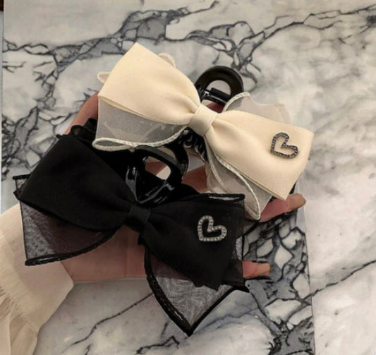 Black & White  Large Hair Bows Barrettes With Heart Stone for Women